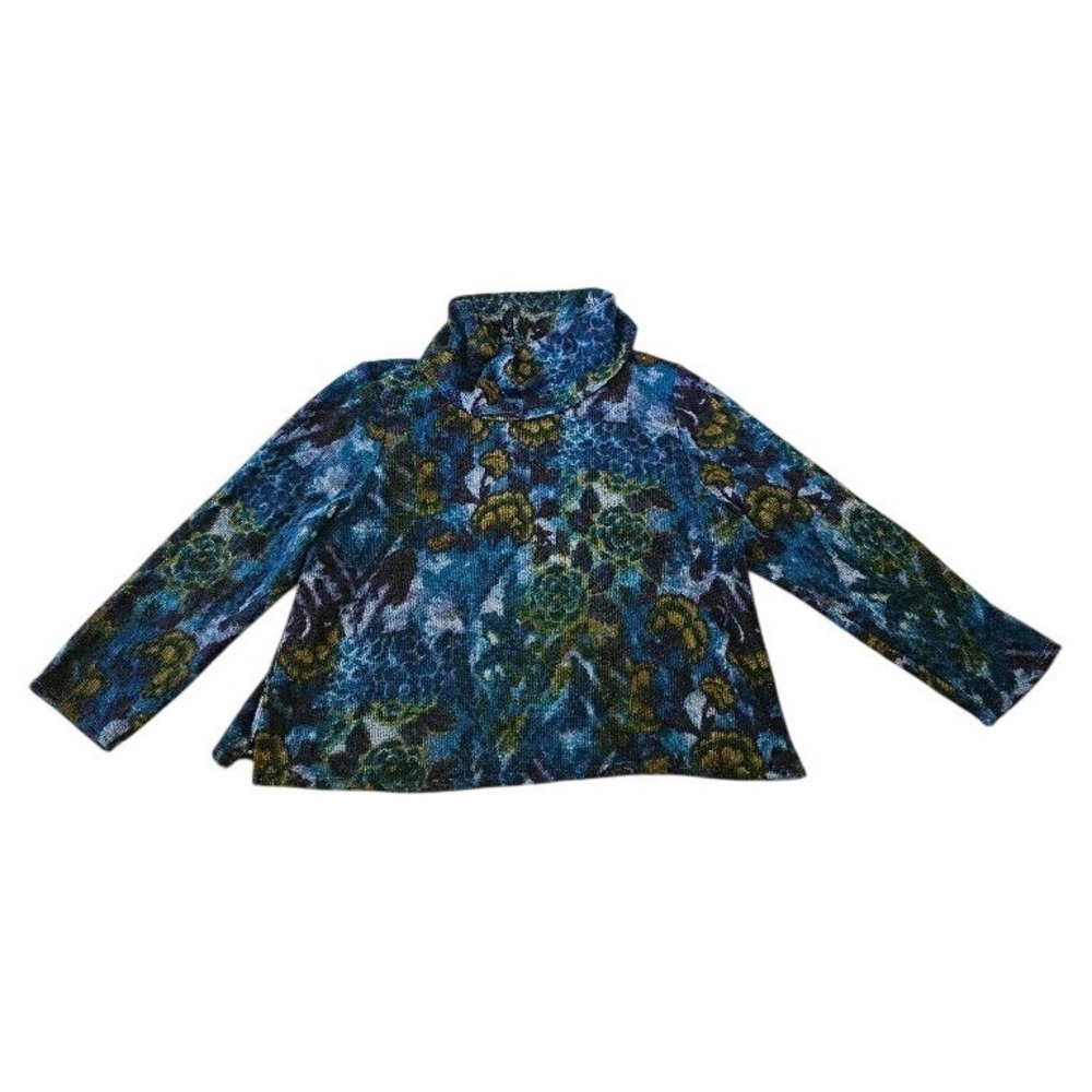 Habitat Clothes to Live In XXL Cowl Neck Floral Abstract Knit Sweater Blue Green